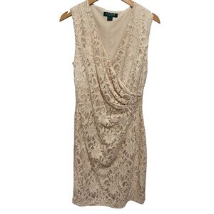 Lauren Ralph Lauren Women’s Beige Lace Mini V-Neck Dress‎ Size 10P